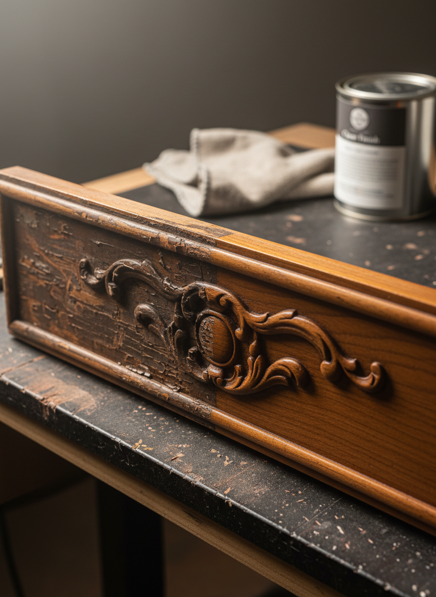 A close-up, photographic-realistic detail of an antique wooden drawer front mid-restoration, the left area covered in worn, chipped varnish and visible scratches, the right section meticulously sanded and newly stained to a rich, warm chestnut tone. The intricate carved molding shows crisp edges and highlighted grain. The drawer rests atop a neat, dark workbench with only a folded lint-free cloth and a closed can of clear finish blurred in the background. Soft overhead studio lighting and subtle side light create gentle highlights on the smooth, restored surface, accentuating texture and depth. Shot from a slightly angled macro perspective with shallow depth of field, the image conveys a calm, focused atmosphere and a sense of precision craftsmanship, perfectly matching a sophisticated restoration brand.