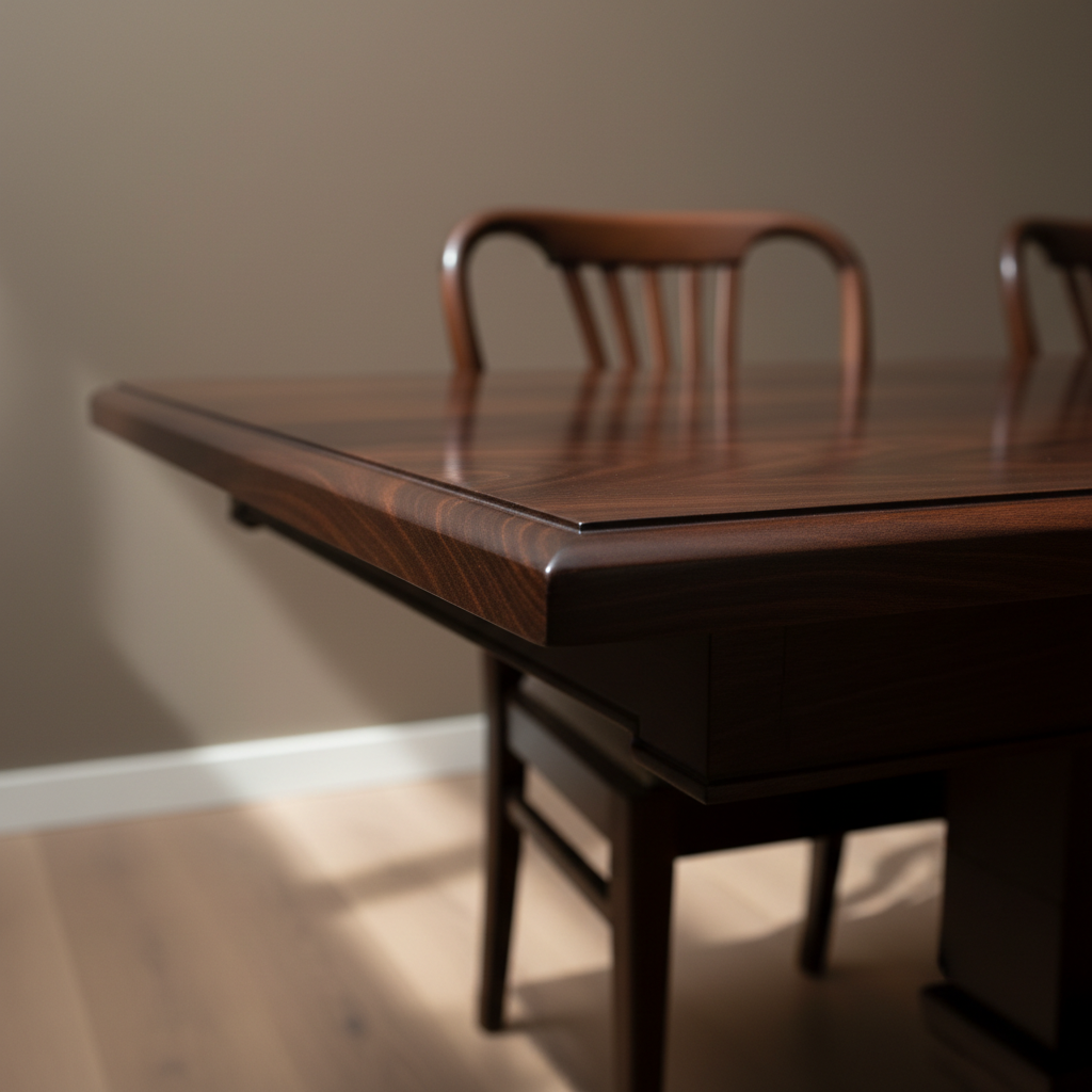 A dramatic, close-up photographic scene of a richly restored solid-wood dining table edge, showcasing flawless joinery, a smooth beveled profile, and a luxurious deep espresso finish with a subtle satin reflection. The tabletop extends into a softly blurred background where only the graceful outline of a restored wooden chair back is visible, tonally matching the table. The setting hints at a high-end dining space with a neutral, matte taupe wall and light oak floor. Focused, directional side lighting from the left creates a refined play of light and shadow along the beveled edge, highlighting the perfected surface and wood grain. Shot from a low, oblique angle with shallow depth of field, the mood is luxurious, intimate, and sophisticated, conveying the premium quality of professional furniture restoration.