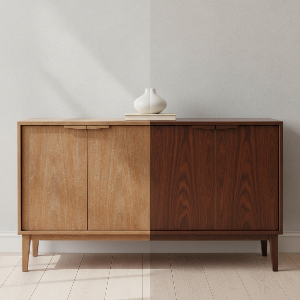 A refined before-and-after composition of a classic wooden sideboard, the left half showing a dull, scratched, honey-brown surface and the right half revealing a fully restored, deep walnut finish with a silky satin sheen. The piece stands against a softly textured light-gray wall on a pale oak floor, with only a minimalist ceramic vase and a closed book resting on top to emphasize the transformation. Gentle, diffused daylight from an unseen window creates subtle reflections along the restored wood grain, casting discreet shadows beneath the furniture. Photographed at eye level with a slightly wide frame and shallow depth of field, the focus rests on the contrast between old and renewed. The mood is sophisticated and aspirational, in clean, photographic realism aligned with a high-end interior design aesthetic.