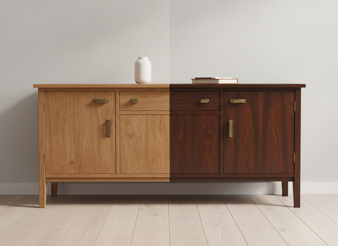 A refined before-and-after composition of a classic wooden sideboard, the left half showing a dull, scratched, honey-brown surface and the right half revealing a fully restored, deep walnut finish with a silky satin sheen. The piece stands against a softly textured light-gray wall on a pale oak floor, with only a minimalist ceramic vase and a closed book resting on top to emphasize the transformation. Gentle, diffused daylight from an unseen window creates subtle reflections along the restored wood grain, casting discreet shadows beneath the furniture. Photographed at eye level with a slightly wide frame and shallow depth of field, the focus rests on the contrast between old and renewed. The mood is sophisticated and aspirational, in clean, photographic realism aligned with a high-end interior design aesthetic.