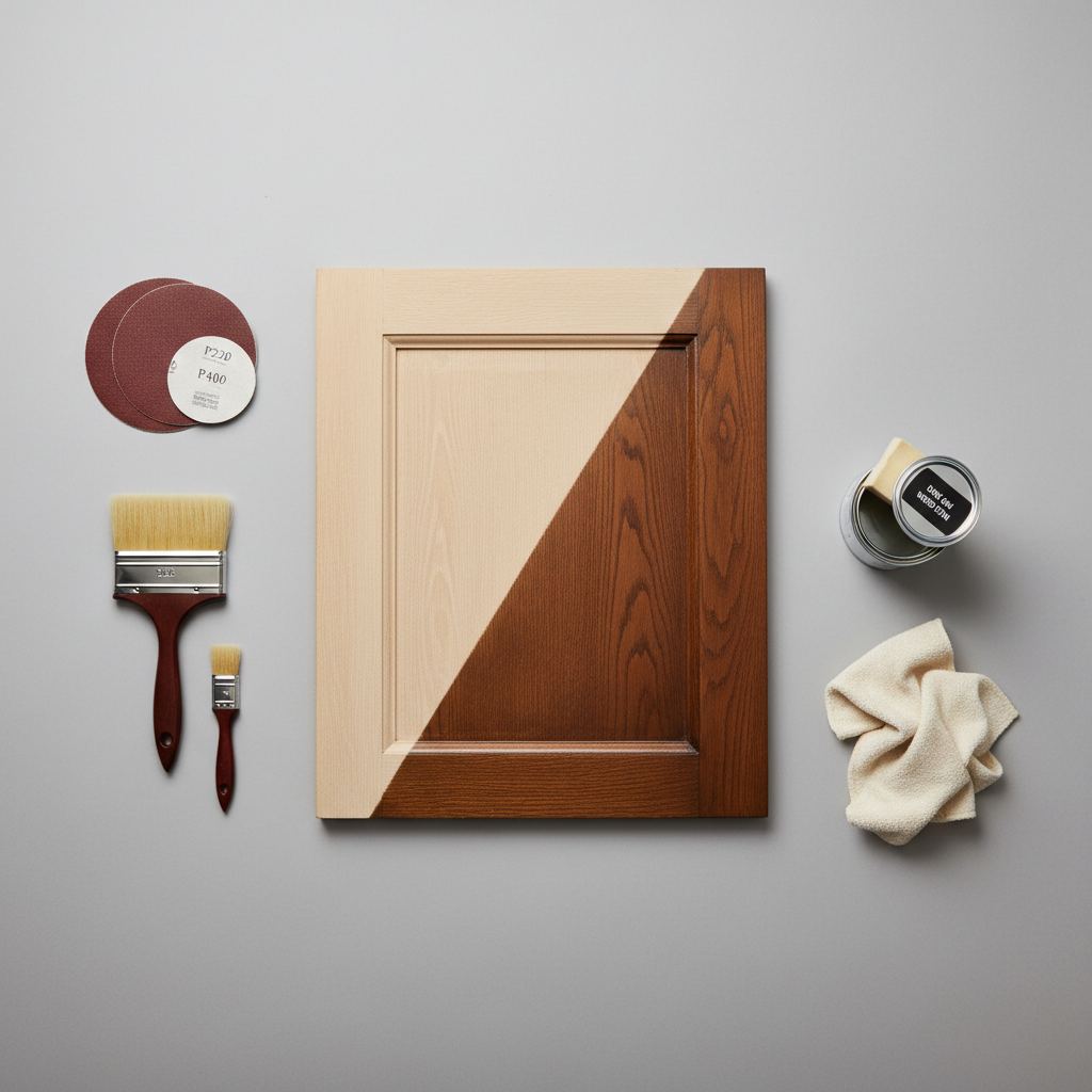 An overhead, photographic-realistic view of an organized restoration workspace, centered on a partially disassembled vintage wooden cabinet door lying flat on a smooth, neutral gray surface. Around it, neatly arranged tools include fine-grit sandpaper, natural-bristle brushes, a small can of wood stain, and a folded microfiber cloth, all carefully spaced to create a sense of order. The cabinet door displays an area of stripped raw wood transitioning into a beautifully stained, dark oak section with visible, enhanced grain. Soft, diffuse studio lighting eliminates harsh shadows, giving the scene a clean, controlled look. The composition uses asymmetrical balance, with the restored portion drawing the eye first, then leading around the tools. The atmosphere is meticulous, calm, and professional, highlighting the craft and process behind furniture transformation with a sophisticated, minimalist aesthetic.