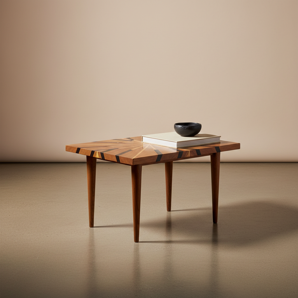 A refined studio shot of a small, restored wooden coffee table with a unique inlaid pattern in contrasting light and dark woods, positioned centrally on a smooth, warm-gray concrete floor. The tabletop’s polished, satin finish subtly reflects light, while the inlay lines are crisp and precise. A single hardcover art book and a minimalist, matte-black ceramic bowl rest on one corner, leaving most of the surface visible. The backdrop is a seamless, soft-beige gradient, lending a gallery-like feel. Gentle, diffused overhead lighting combined with a faint side light creates delicate highlights across the inlay and soft shadows beneath the tapered legs. The composition is centered and uncluttered, with sharp focus throughout, evoking a calm, sophisticated atmosphere and emphasizing the artistry of custom furniture transformation in photographic realism.