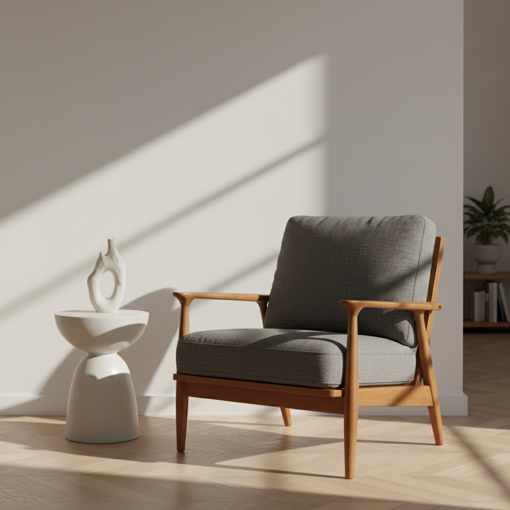 A serene living room corner featuring a fully restored mid-century modern armchair in smooth, honey-toned wood with freshly reupholstered, charcoal-gray fabric cushions. The chair is positioned on a light herringbone wooden floor, beside a small, minimalist round side table holding a single sculptural ceramic object. A tall, matte off-white wall forms a clean backdrop, with a subtle shadow of an unseen window frame falling diagonally across it. Natural afternoon light floods in from the right, creating soft highlights along the armrests and subtly illuminating the fabric texture. Photographed at eye level using the rule of thirds, with a gentle blur toward the back of the room, the atmosphere feels elegant, calm, and meticulously curated, embodying high-end, photographic realism and sophisticated interior styling.